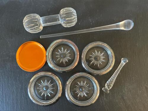 Glass Coasters With Silver-Plate Rims, Glass Swizzle Sticks, Glass Dumbbell & Amber Disk