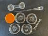 Glass Coasters With Silver-Plate Rims, Glass Swizzle Sticks, Glass Dumbbell & Amber Disk