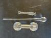 Glass Coasters With Silver-Plate Rims, Glass Swizzle Sticks, Glass Dumbbell & Amber Disk - 6
