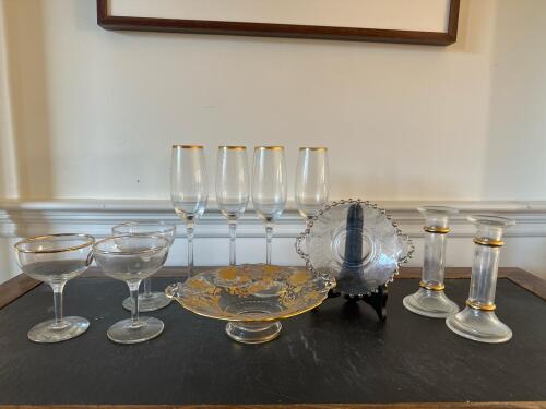 Vintage Glassware and Serving Dishes with Gold Trim