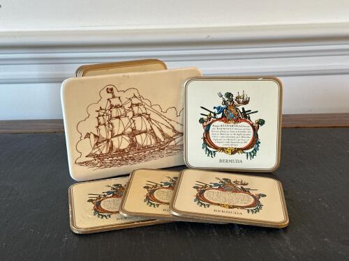 Bermuda Map Design Drink Coasters with Ship Motif Holder