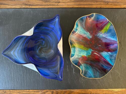 Art Glass Bowls in Swirled Blue and Multicolor Styles