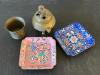 Brass Incense Burner, Brass Cup, and Enamel Floral Trays
