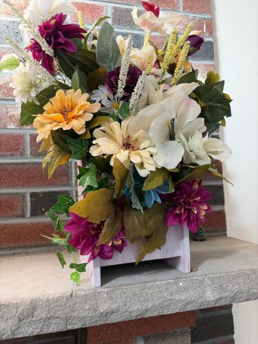 Handmade Wooden Planter With Artificial Floral Arrangement