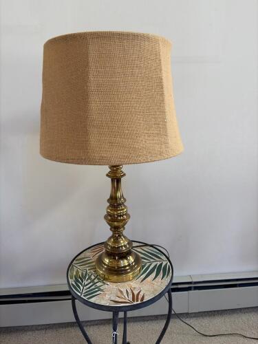 Brass Table Lamp With Burlap Shade and Bird Finial (table seperate)