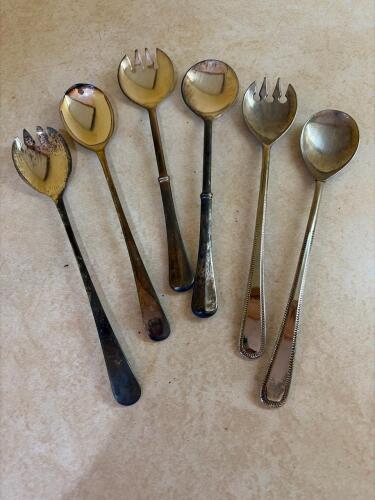 Three Sets Silver Plated Salad Serving Forks and Spoons
