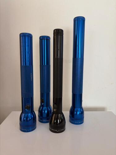 Four Mag-Lite Flashlights Blue and Black Assorted Colors
