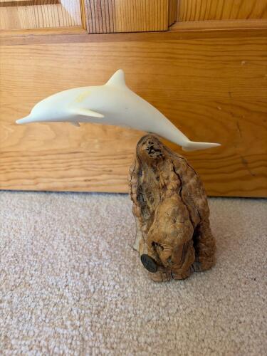 John Perry Dolphin Sculpture on Burl Wood Base