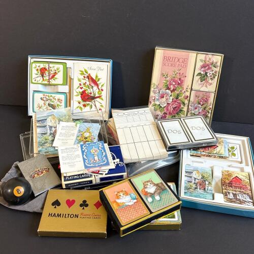 Mixed Vintage Playing Cards, Bridge Score Pads and 8 Ball
