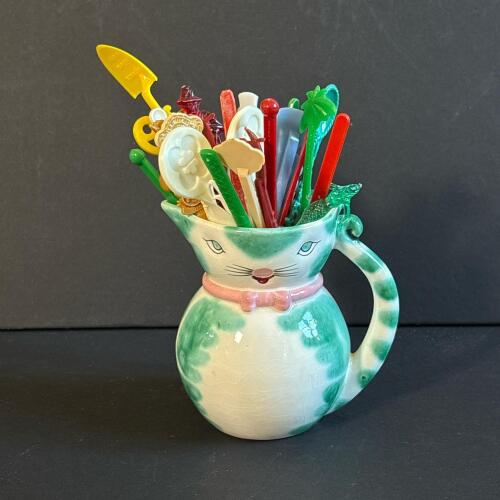 Vintage Ceramic Cat Pitcher with Assorted Plastic Swizzle Sticks