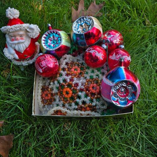 Vintage Christmas Ornaments and Plastic Beaded Placemats