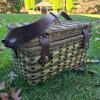Wicker Picnic Basket with Utensils and Green Glass Stemware