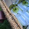 Wicker Picnic Basket with Utensils and Green Glass Stemware - 5