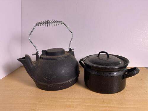 Cast Iron Kettle and Black Enamelware Pot with Lid