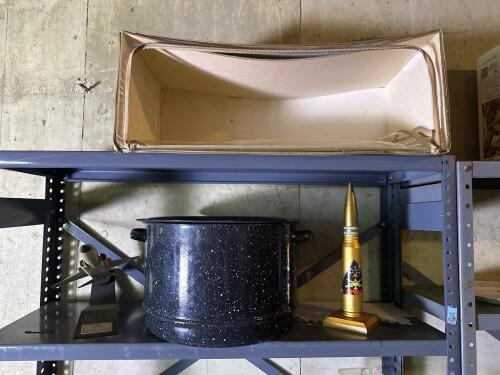 Pickers Lot - Shelf Items: Glass Jars, Vintage Kitchenware, Model Jet, Steam Pot