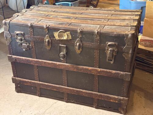Antique Flat Top Steamer Trunk with Wood and Metal Detailing