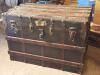 Antique Flat Top Steamer Trunk with Wood and Metal Detailing
