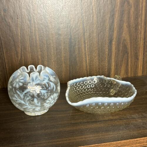 Opalescent Art Glass Rose Bowl and Hobnail Dish
