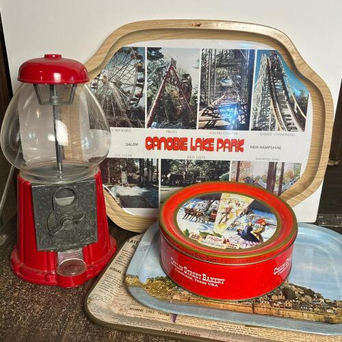 Vintage Carousel Gumball Machine & Decorative Metal Trays