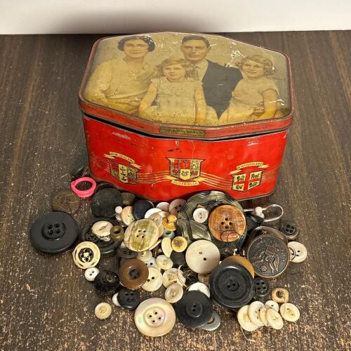 Vintage Blue Bird Toffee Tin with Assorted Buttons
