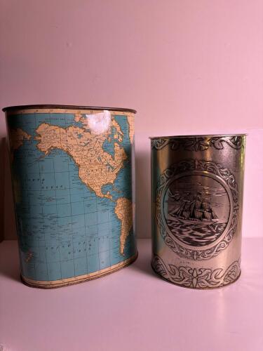 Vintage Metal Trash Cans With World Map and Ship Motifs
