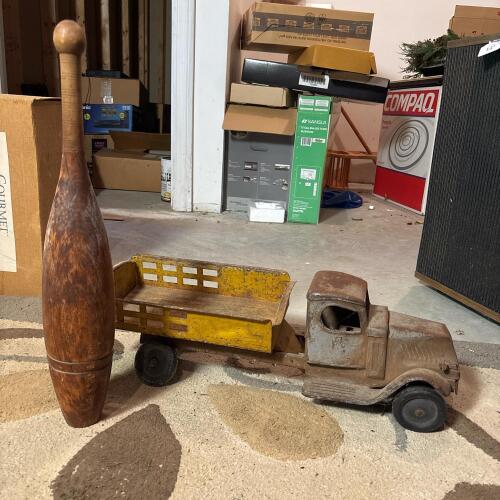 Vintage Iron Toy Dump Truck and Wooden Bowling Pin