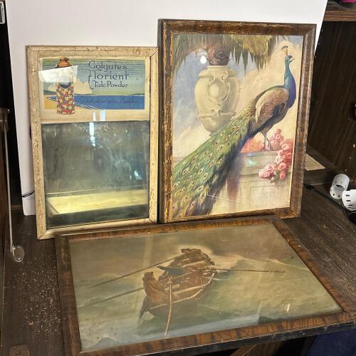 Framed Advertising Mirror, Peacock Art & Rowboat Art