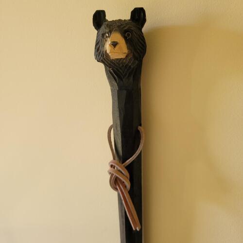 Large Hand Carved Bear Head Walking Stick With Leather Strap