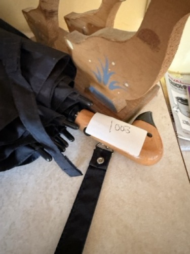 Black Umbrella with Duck Head Handle and Painted Wooden Goose Decor