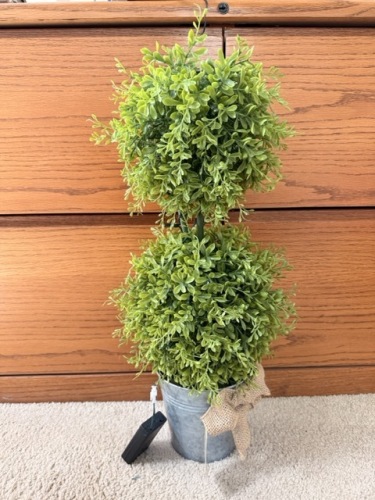 Cypress Home Lighted Faux Topiary with Burlap Bow in Galvanized Pot