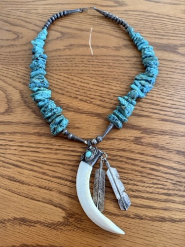 Silver and Turquoise Nugget Necklace with Pendant and Feathers